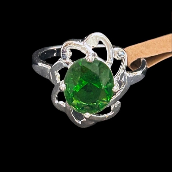 925 Silver Plate Dinner Ring Cocktail Ornate Faux Zircon Emerald Green NEW - Picture 5 of 10